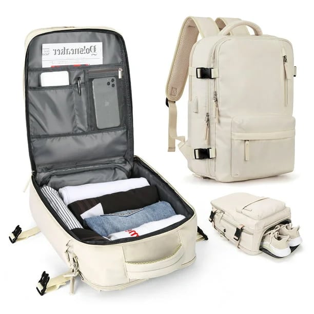 Travelliva Damen Reise-Rucksack 35 L | Wasserdicht & mit USB-Anschluss | Diebstahlschutz & Schuhfach | Für Wandern, Alltag & Reisen