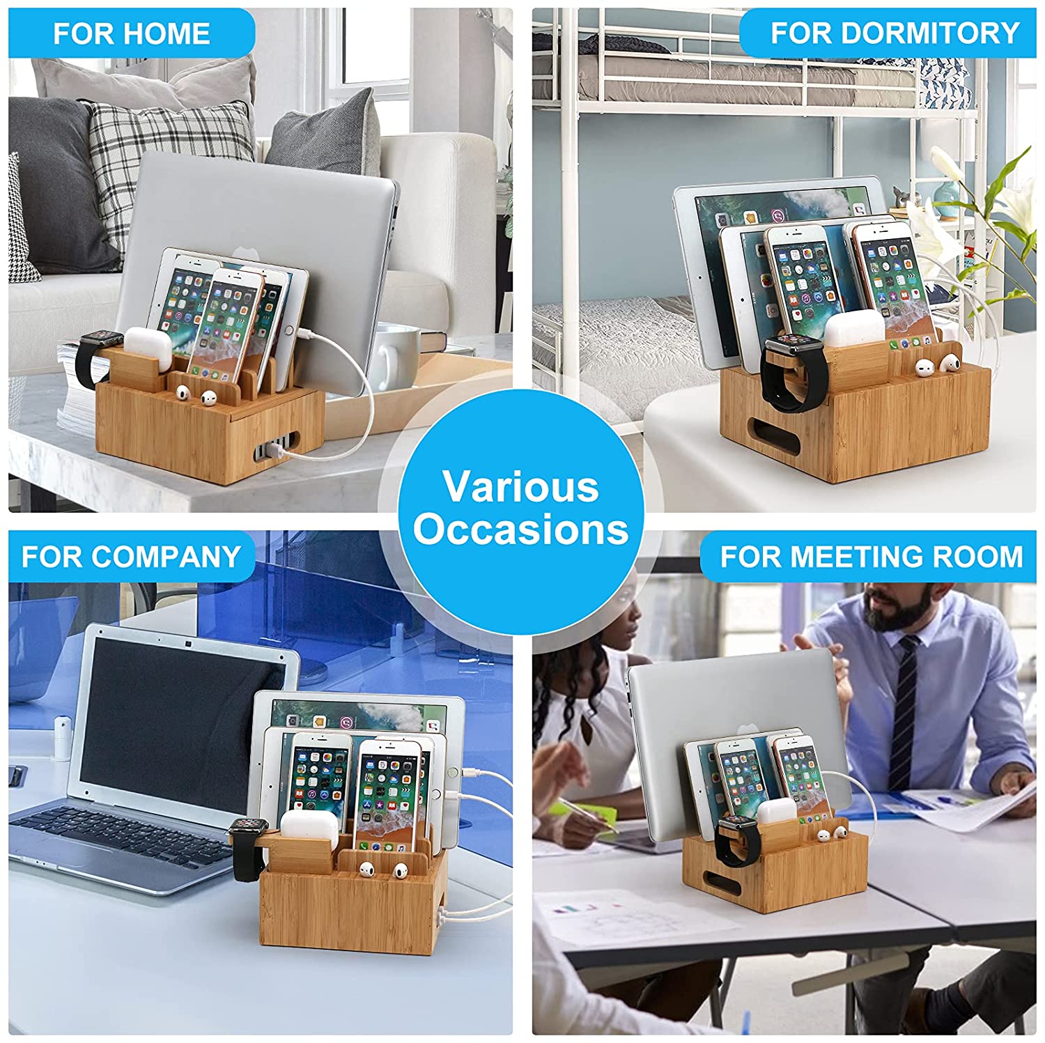 Tekavo ChargeDock Lade Station aus Bambus | 5-Port USB & Organizer | Für Smartphone, Tablet & Smartwatch | Inklusive Kabelset