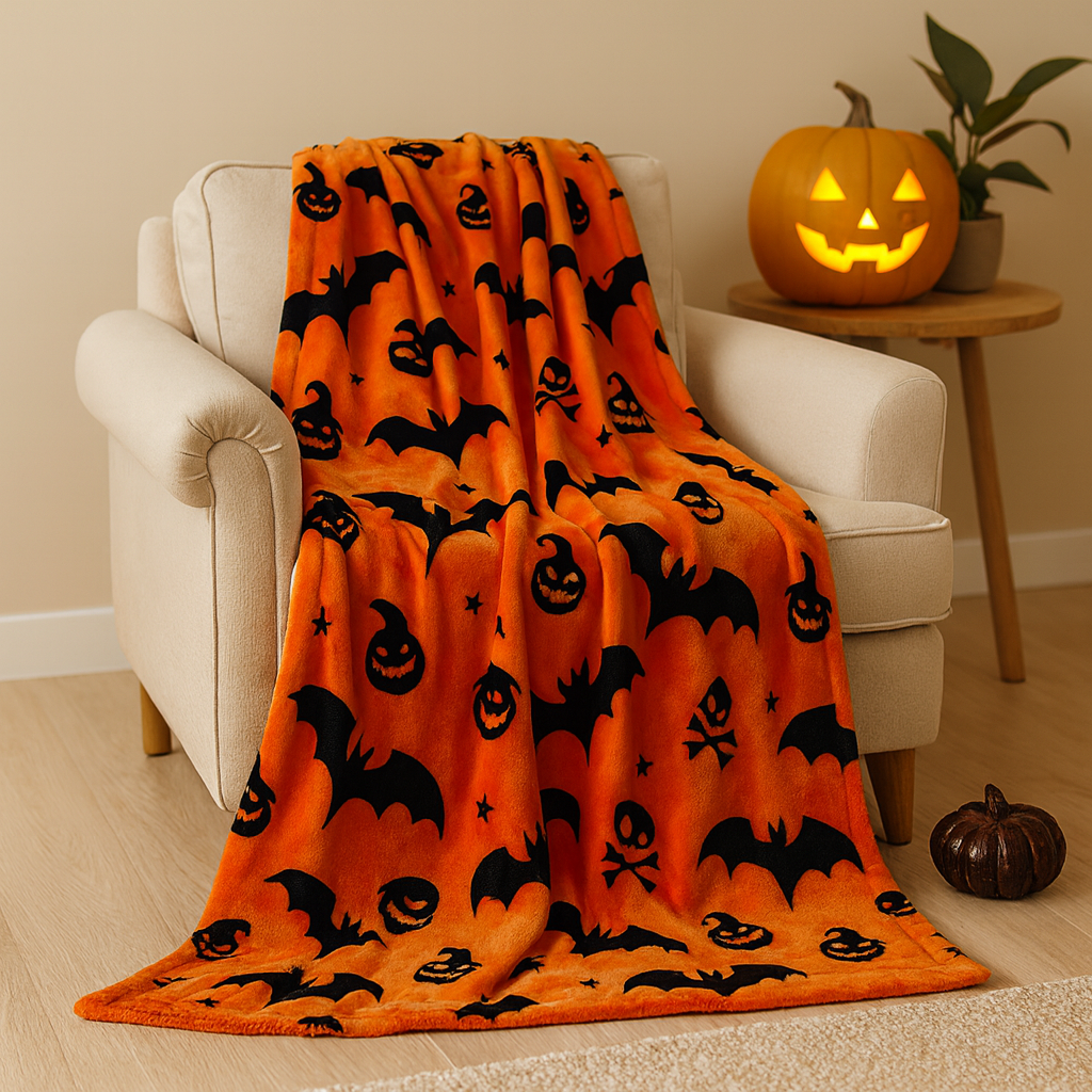 Halloween-Decke - Orange - Totenkopf - Halloween-Wurfdecke - Halloween-Dekoration