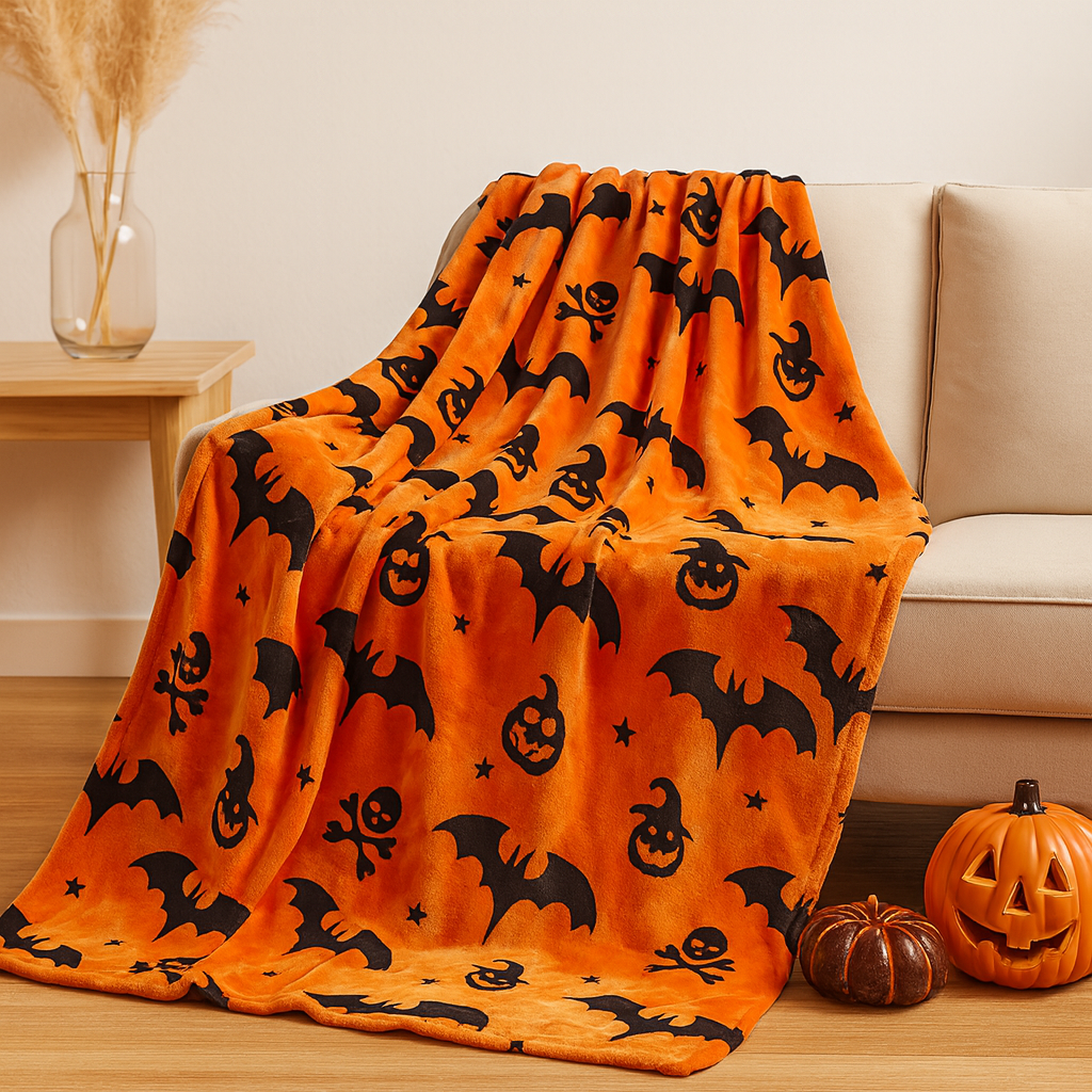Halloween-Decke - Orange - Totenkopf - Halloween-Wurfdecke - Halloween-Dekoration