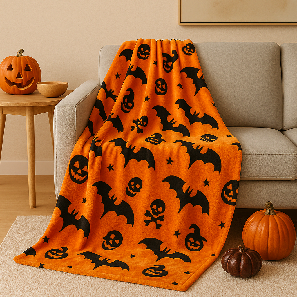 Halloween-Decke - Orange - Totenkopf - Halloween-Wurfdecke - Halloween-Dekoration