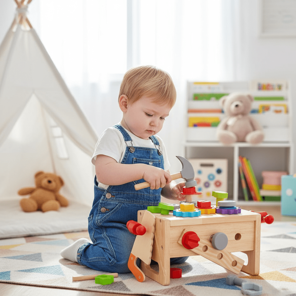 WoodCraft Kinder Werkzeugkasten – Holz Werkzeugkasten für kreatives Spielen und motorische Entwicklung ab 6 Monaten
