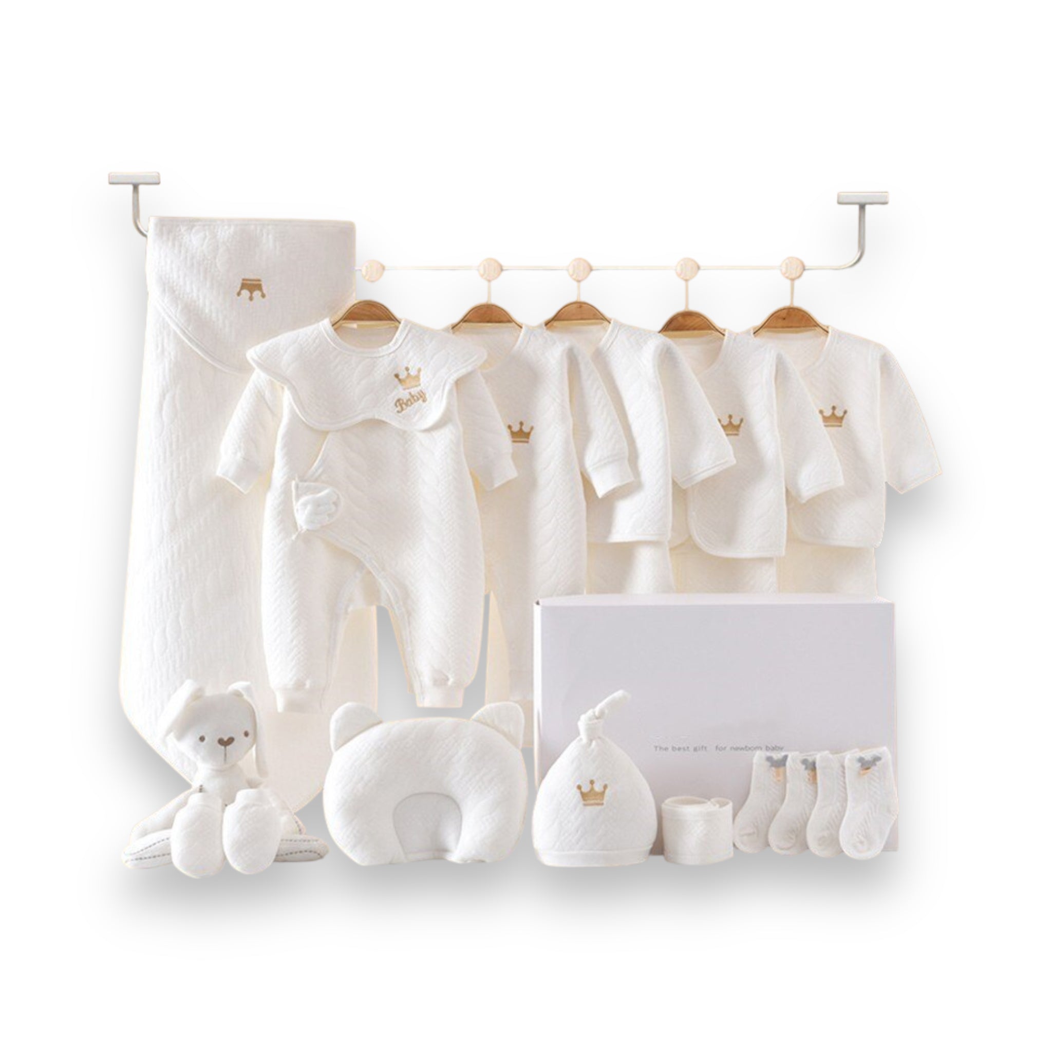Qualitativ Baby Erstausstattungs-Set | Luxus-Geschenkbox für Neugeborene | 100% Bio-Baumwolle | Inkl. Decke, Kleidung & Accessoires | Hypoallergen
