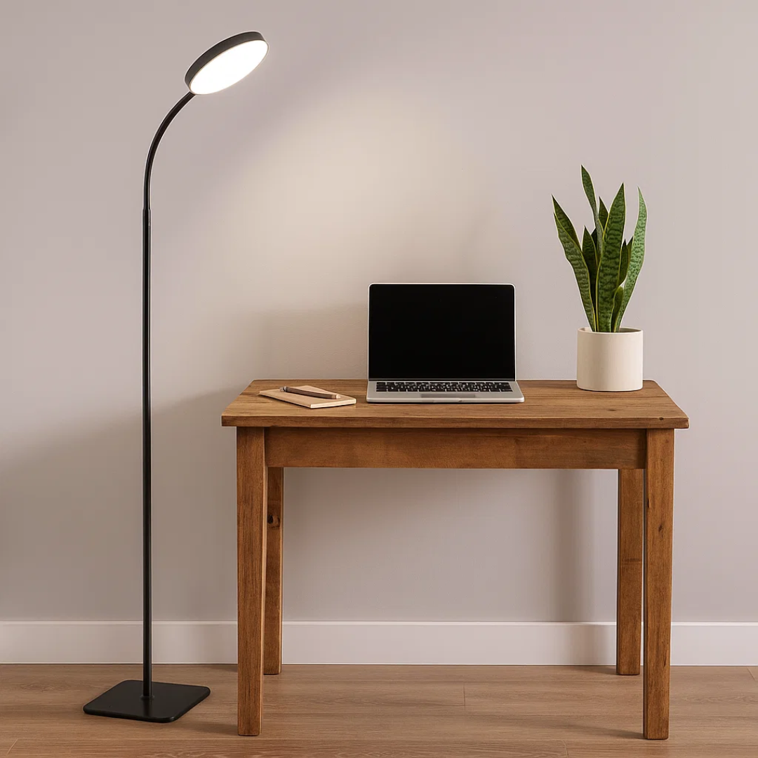 LED-Stehlampe im minimalistischen Design mit warmem Licht